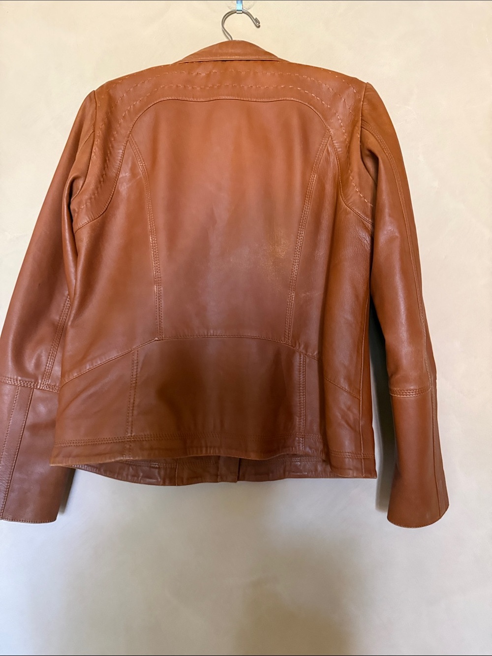 Quince Women Cognac 100% Sheep Leather Stand Collar Front Zip Moto Jacket Size L - Picture 4 of 8